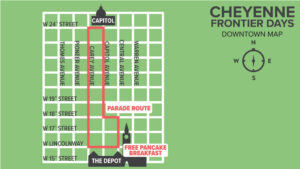 Map of the Cheyenne Frontier Days Downtown Parade Route. The parade route, highlighted in pink, runs south along Carey Avenue from the Wyoming State Capitol at West 24th Street, turns east on West Lincolnway, and ends at The Depot near Capitol Avenue and West 15th Street. Cross streets shown include West 19th, 18th, and 17th Streets. North-south avenues shown include Thomas, Pioneer, Carey, Capitol, Central, and Warren Avenues. A Free Pancake Breakfast is noted near The Depot.